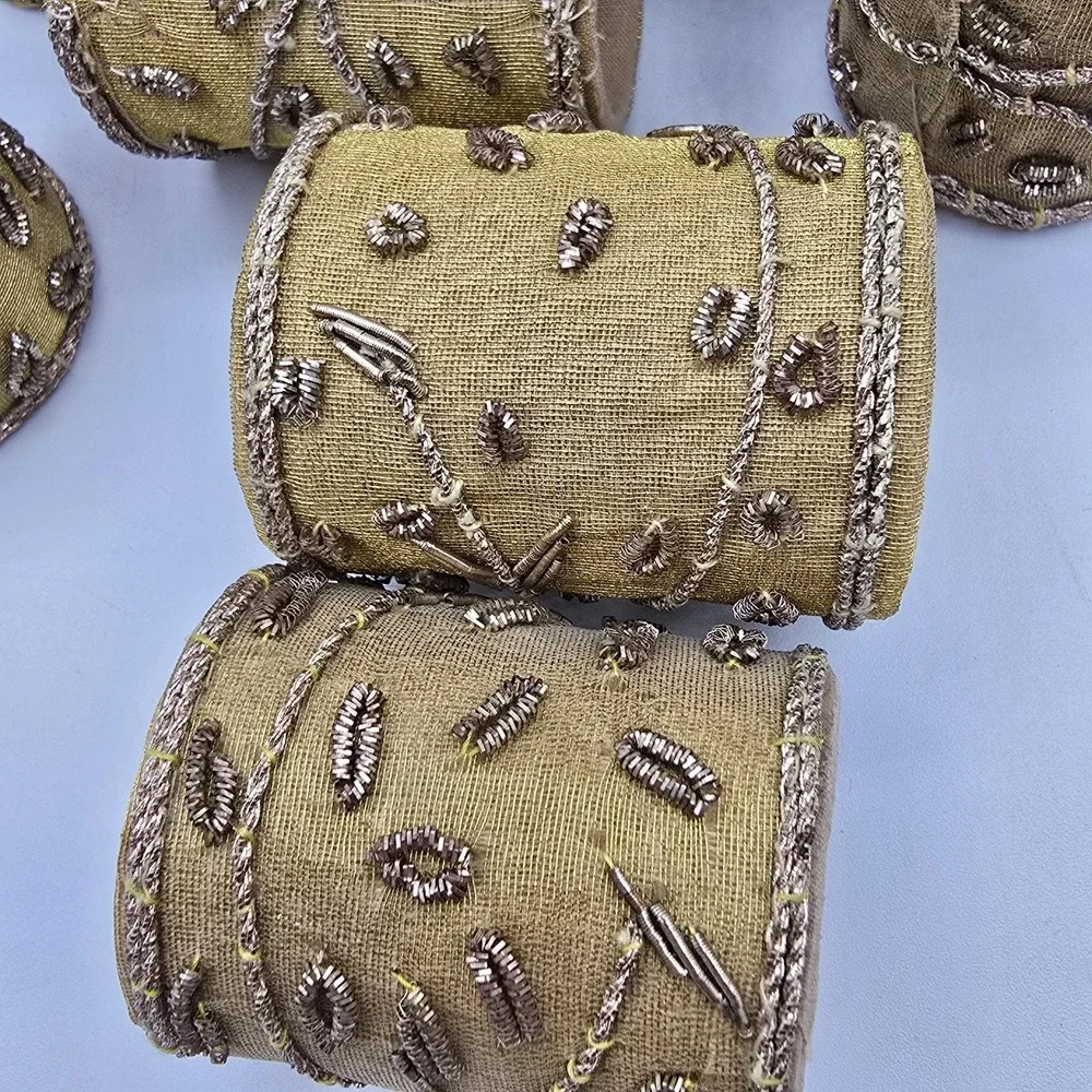 Set‎ (8) Vtg Round Napkin Rings Holders Gold-Tone Cloth Wrapped Bead Jewels